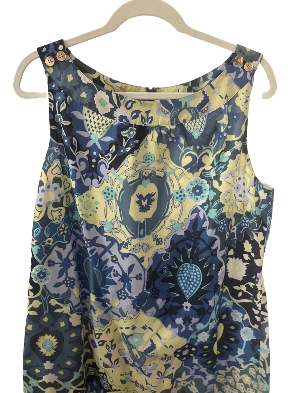 Talbots Sleeveless Shift Dress in Blue and Yellow Floral Medallion